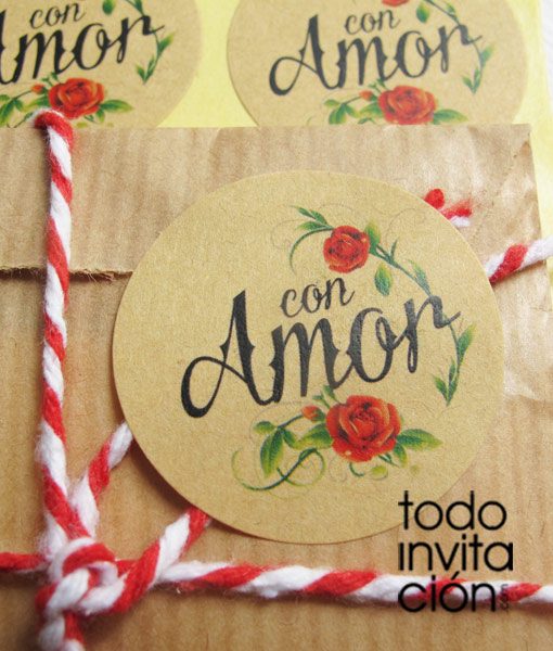 pegatinas kraft gracias con amor para detalles de boda, bautizo o comunión