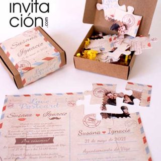 invitacion con caja puzzle para bodas postal