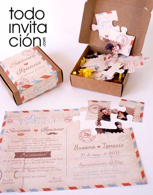 invitacion con caja puzzle para bodas postal