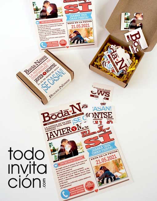 invitacion boda puzzle newspaper