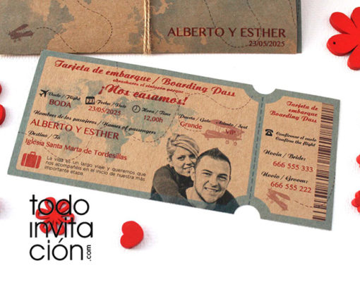 invitación de boda tarjeta embarque billete avión kraft