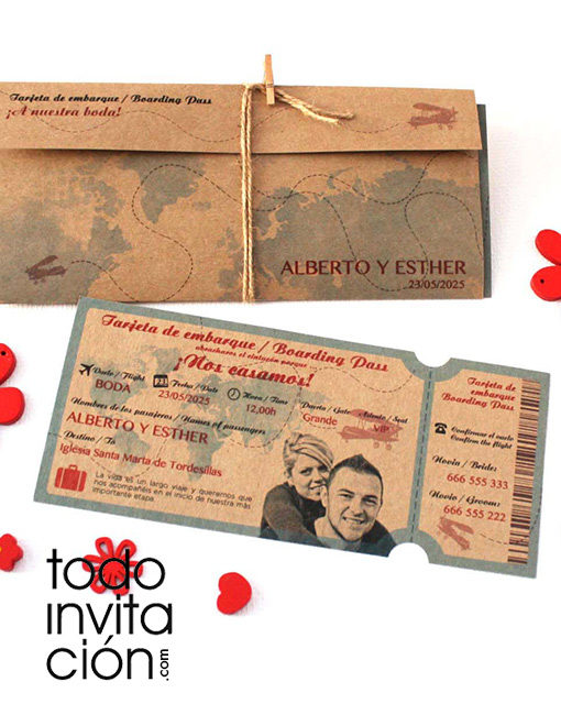 invitación de boda tarjeta embarque billete avión kraft