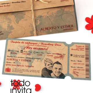 invitación de boda tarjeta embarque billete avión kraft