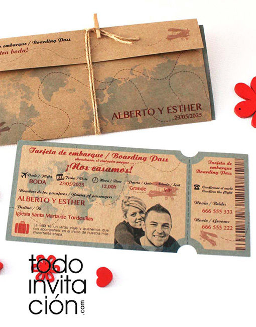 invitación de boda tarjeta embarque billete avión kraft