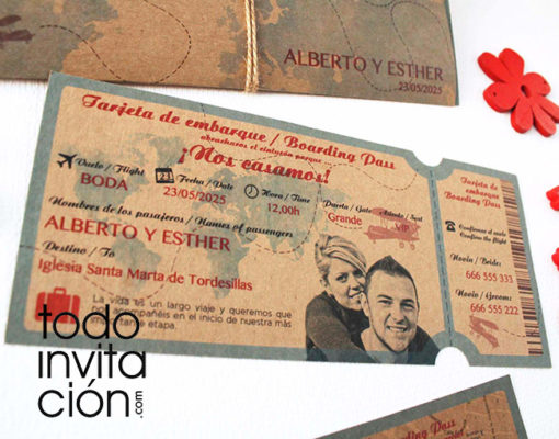 invitación de boda tarjeta embarque billete avión kraft