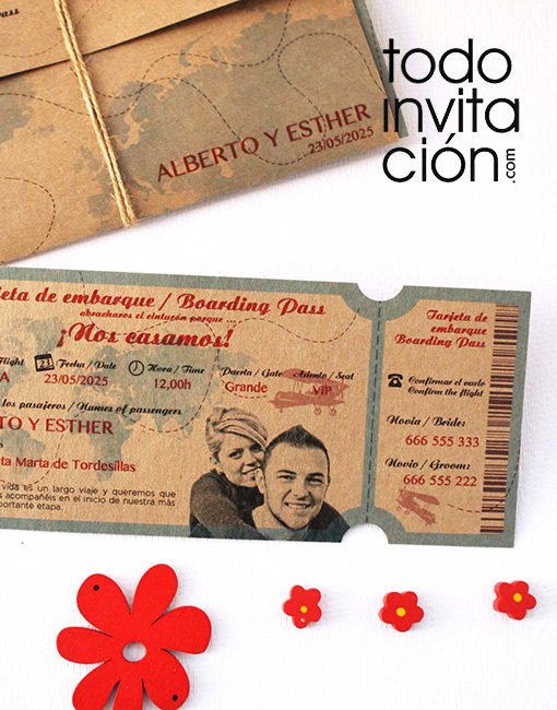 invitación de boda tarjeta embarque billete avión kraft