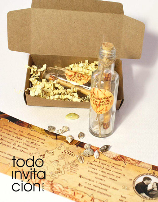 invitacion de boda botella mapa pirata