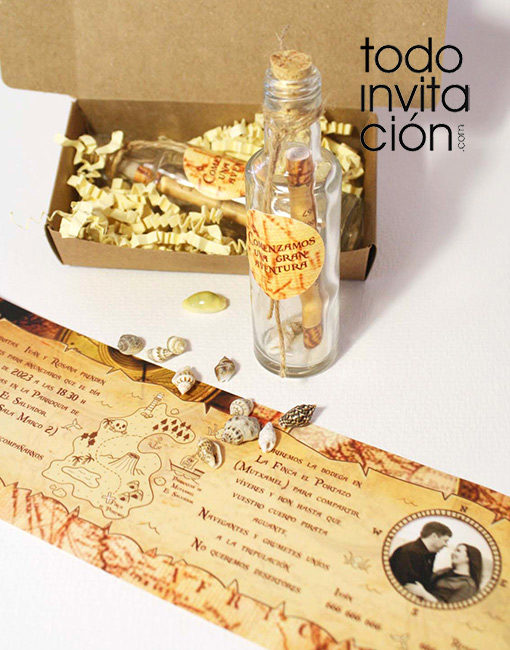 invitacion de boda botella mapa pirata