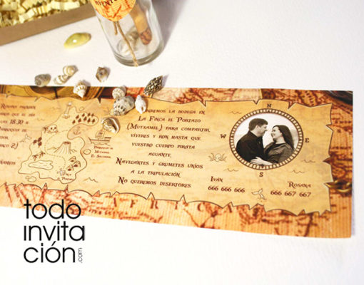 invitacion de boda botella mapa pirata