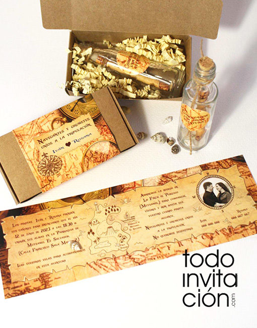 invitacion de boda botella mapa pirata