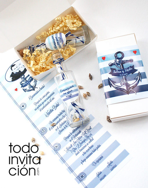 invitación de boda botella marinera