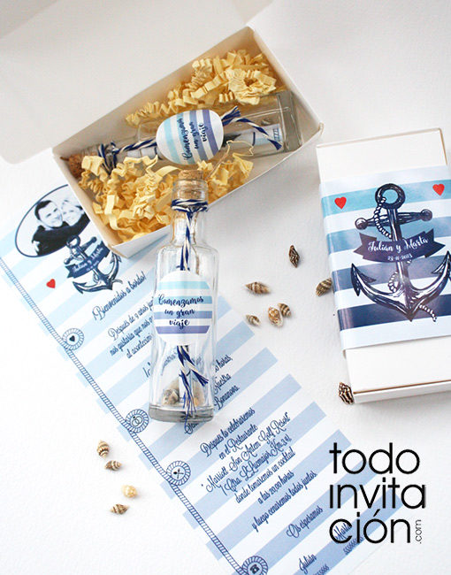 invitación de boda botella marinera