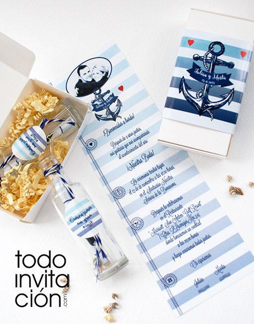 invitación de boda botella marinera