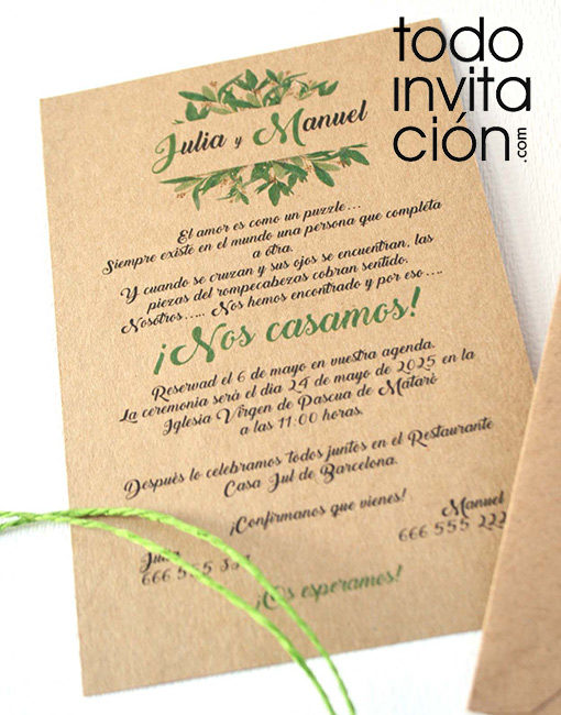 invitación de boda kraft verde spring