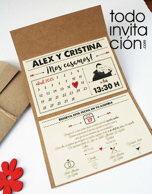 invitación de boda calendario kraft