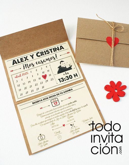 invitación de boda calendario kraft