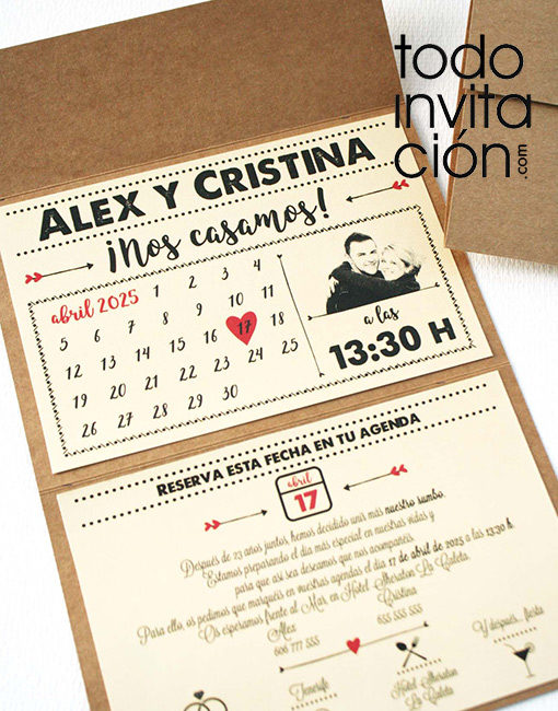 invitación de boda calendario kraft