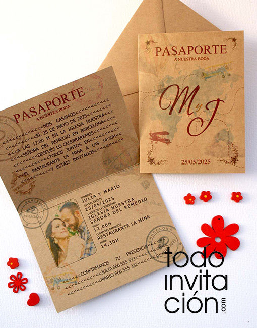 invitación de boda pasaporte kraft