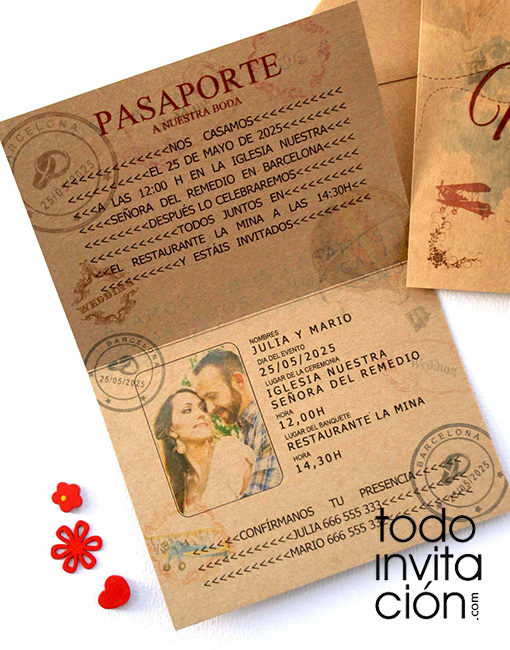 invitación de boda pasaporte kraft