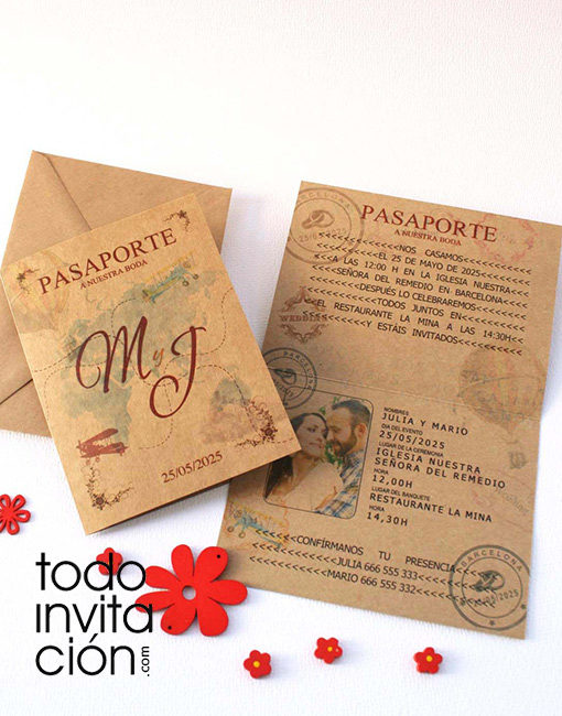 invitación de boda pasaporte kraft