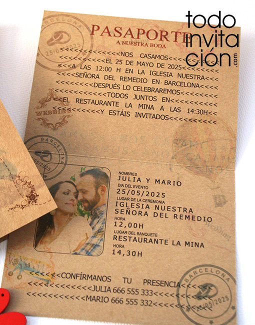 invitación de boda pasaporte kraft