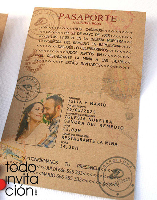 invitación de boda pasaporte kraft