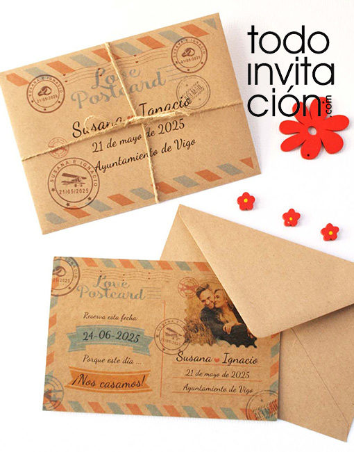 invitación de boda postal kraft