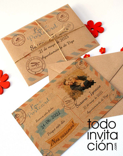 invitación de boda postal kraft