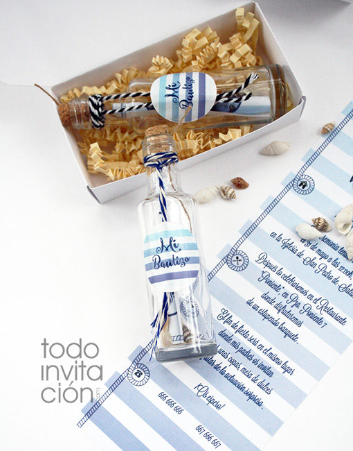 invitación botella marinera bautizo