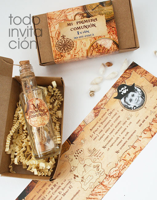 invitación comunión pirata botella