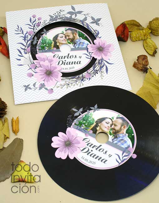 ▷ Invitación de boda Disco de vinilo Flores - Todoinvtacion
