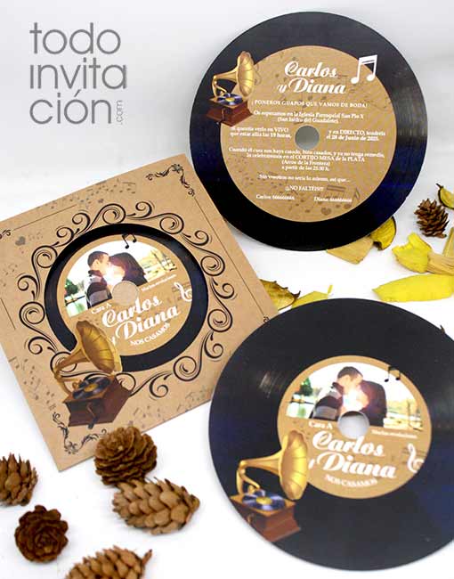 invitación de boda disco vinilo gramofono original