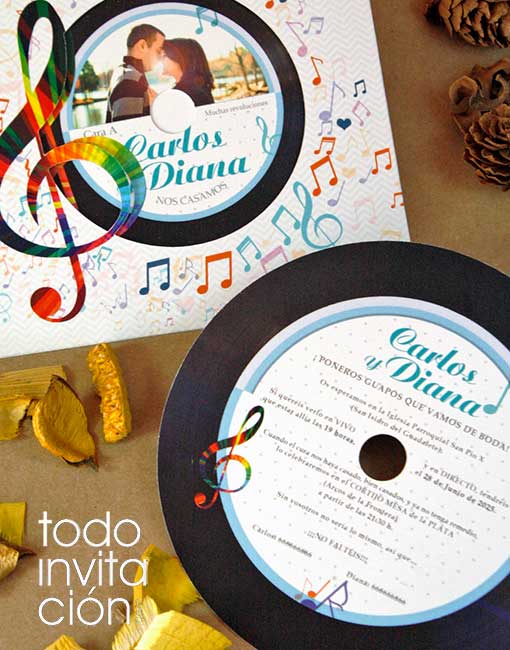 invitación de boda disco de vinilo notas musicales