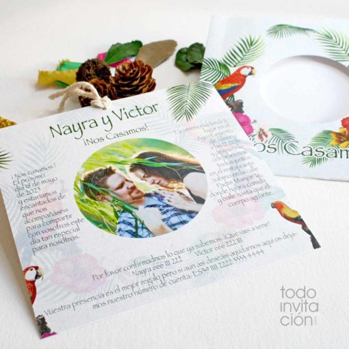 invitacion boda reciclado tropical loros foto