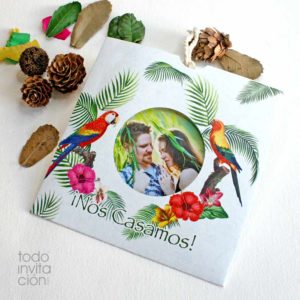 invitacion boda reciclado tropical loros foto tendencia