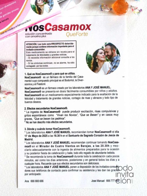 invitacion de boda caja medicamento noscasamox