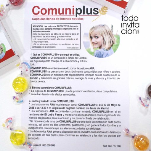 invitacion original comunion medicamento comuniplus