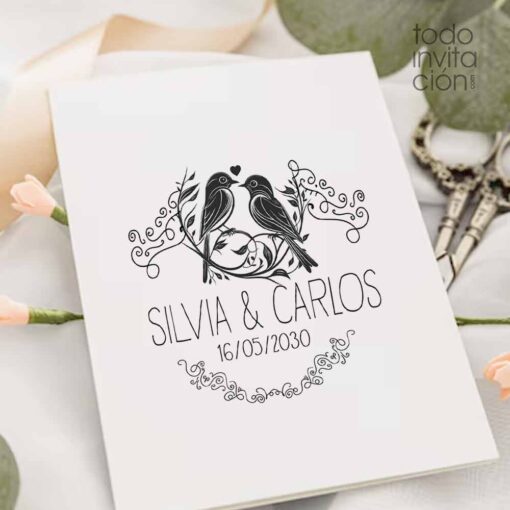 sello personalizado para bodas pajaros