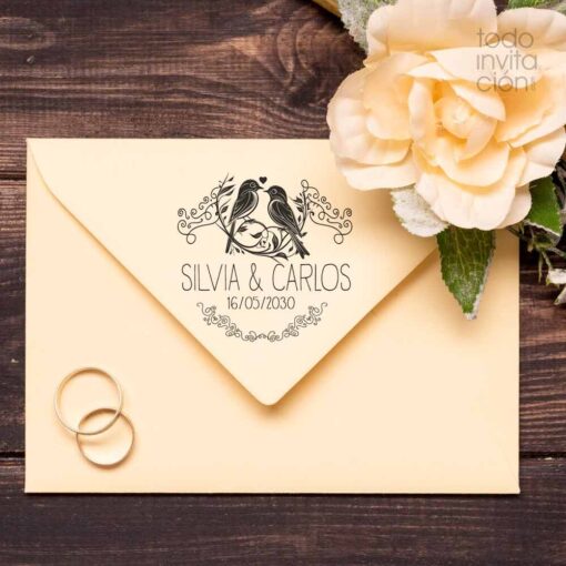 sello personalizado para bodas pajaros