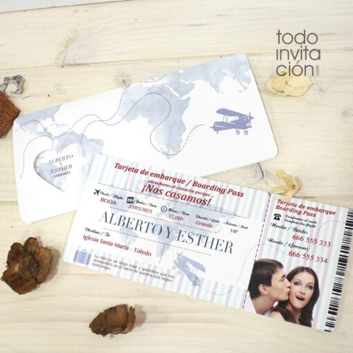 invitación original de boda tarjeta embarque billete de avión