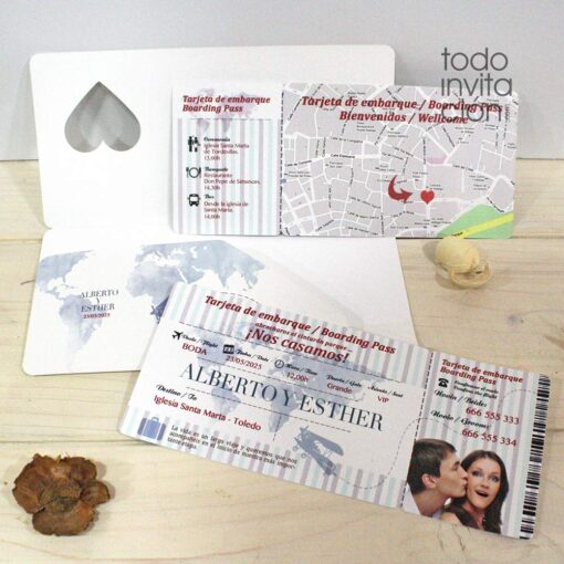 invitación original de boda tarjeta embarque billete de avión